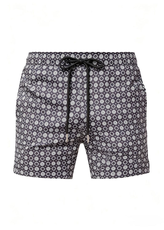 Mid Length Octagon Black Print Swim Shorts with Adjustable Drawcord