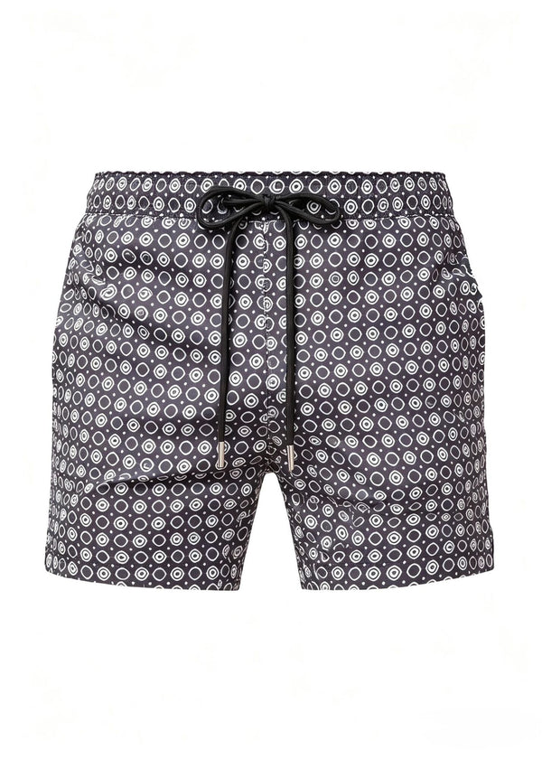Mid Length Octagon Black Print Swim Shorts with Adjustable Drawcord