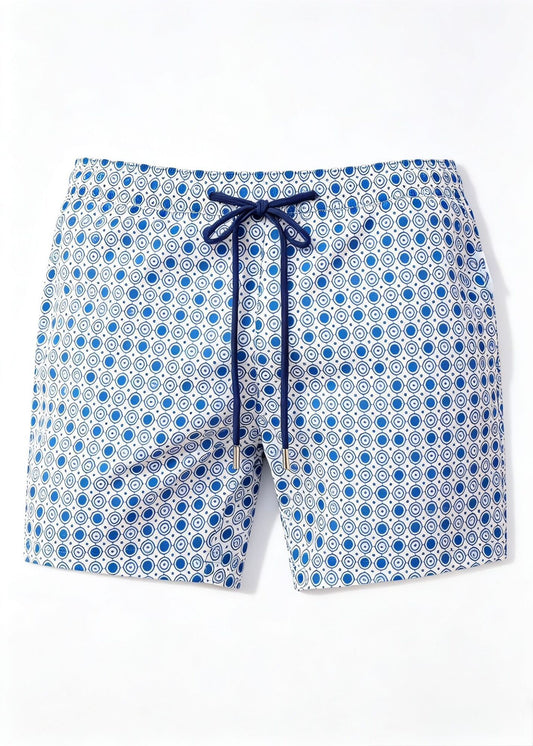Mid Length Octagon White Teal Print Swim Shorts with Adjustable Drawcord