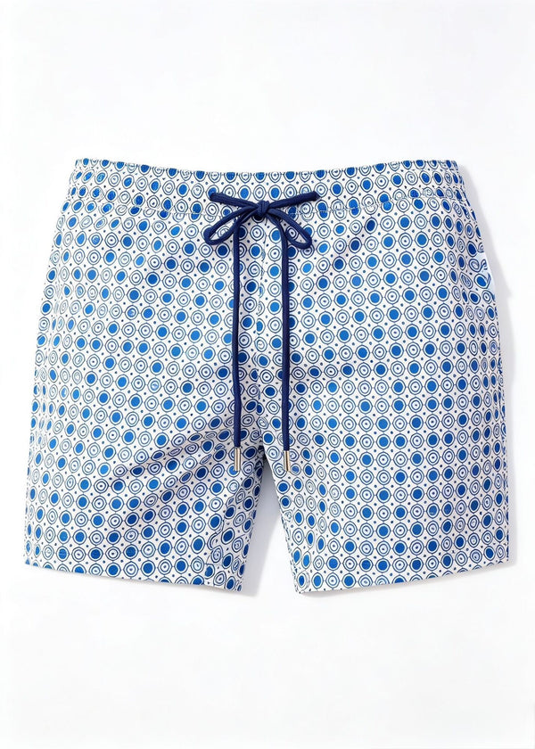 Mid Length Octagon White Teal Print Swim Shorts with Adjustable Drawcord