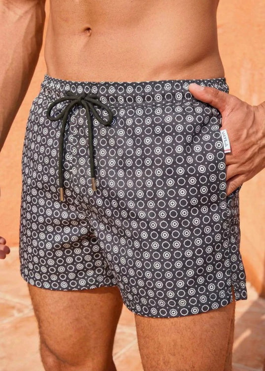 Mid Length Octagon Black Print Swim Shorts with Adjustable Drawcord