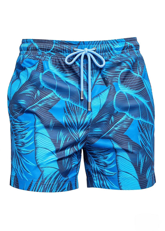 Mid Length Drawcord Swim Shorts in Blue Palm Print