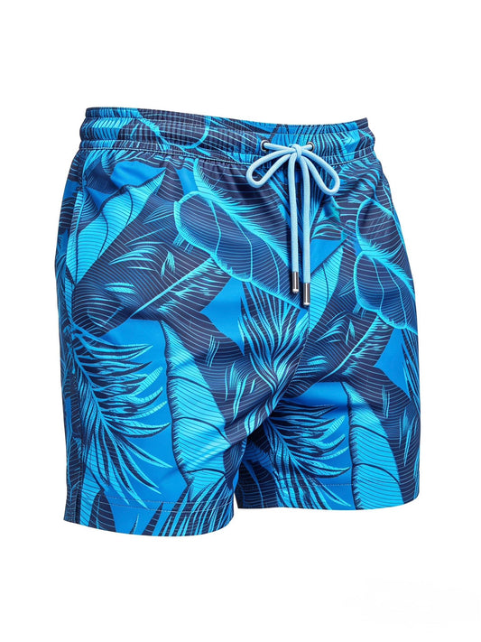 Shorter Length Palm Blue Print Swim Shorts with Drawcord
