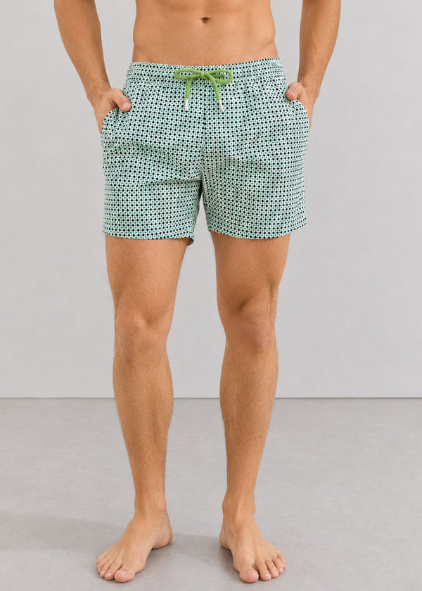 Mid Length White Green Polka Dot Swim Shorts with Drawcord