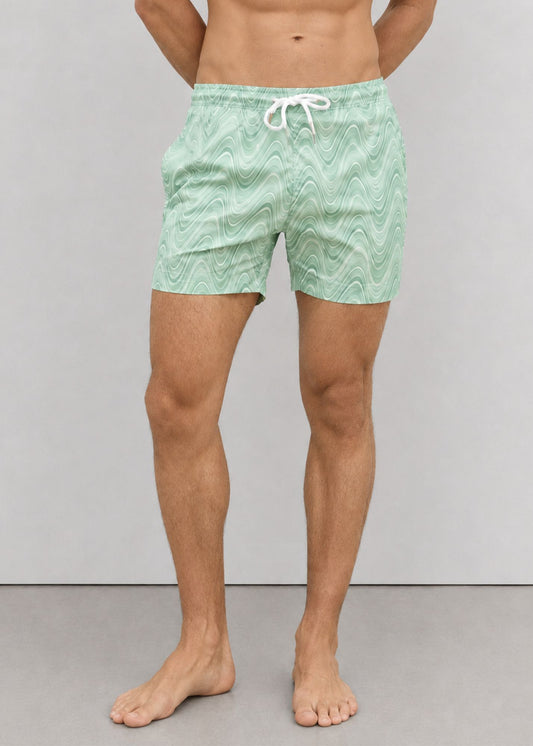 Mid Length Light Green Wave Print Swim Shorts