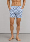 Mid Length Light Blue Wave Print Swim Shorts