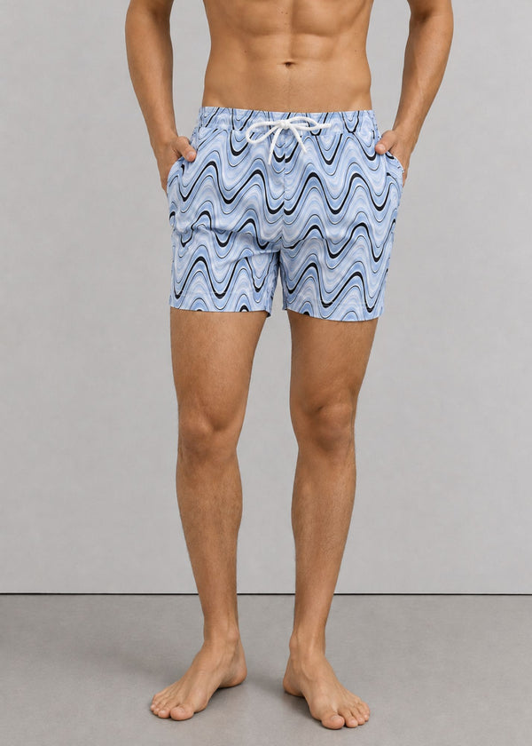 Mid Length Light Blue Wave Print Swim Shorts