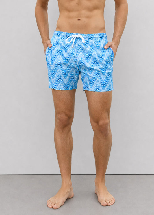 Mid Length Light Teal Wave Print Swim Shorts
