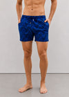 Mid Length Navy Blue Wave Print Swim Shorts