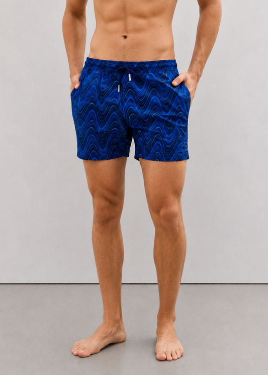 Mid Length Navy Blue Wave Print Swim Shorts