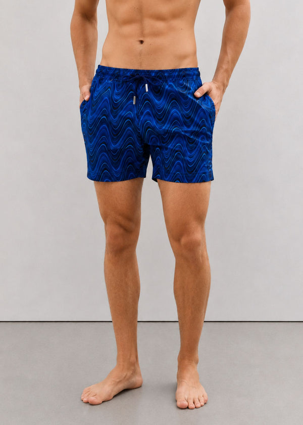 Mid Length Navy Blue Wave Print Swim Shorts