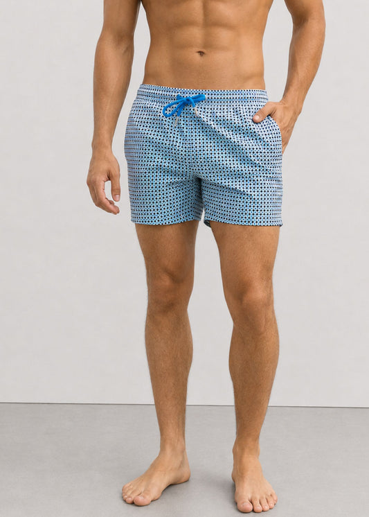Mid Length White Blue Polka Dot Swim Shorts with Drawcord