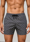 Mid Length Octagon Black Print Swim Shorts with Adjustable Drawcord