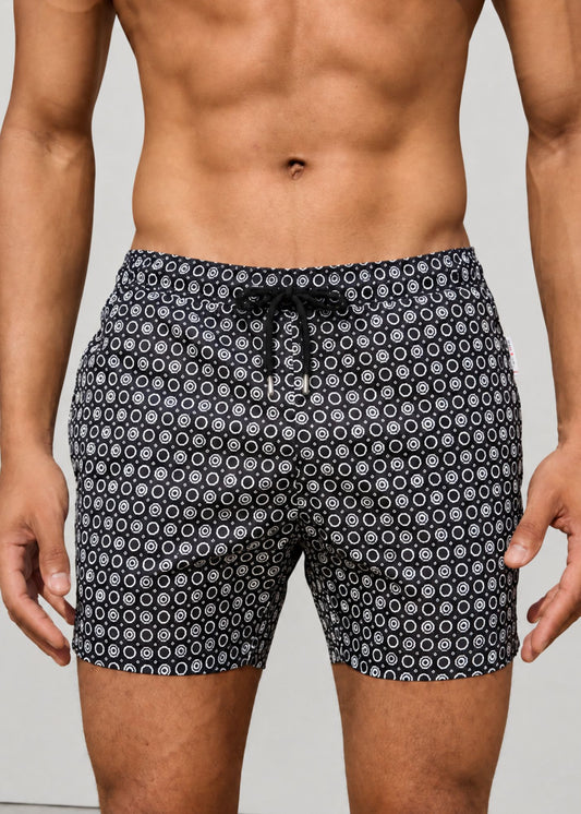 Mid Length Octagon Black Print Swim Shorts with Adjustable Drawcord