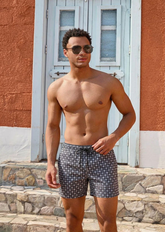 Mid Length Octagon Black Print Swim Shorts with Adjustable Drawcord