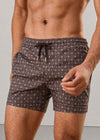 Mid Length Octagon Brown Print Swim Shorts with Adjustable Drawcord