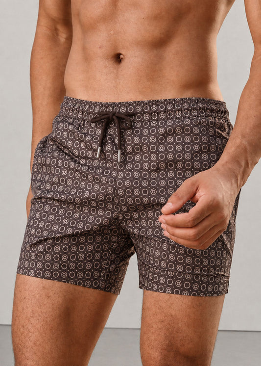 Mid Length Octagon Brown Print Swim Shorts with Adjustable Drawcord