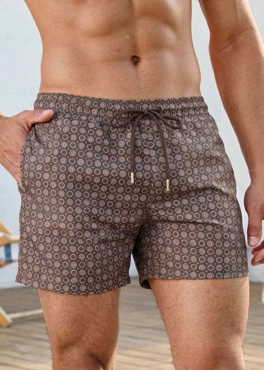 Mid Length Octagon Brown Print Swim Shorts with Adjustable Drawcord