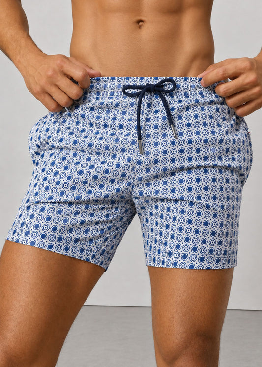 Mid Length Octagon White Teal Print Swim Shorts with Adjustable Drawcord