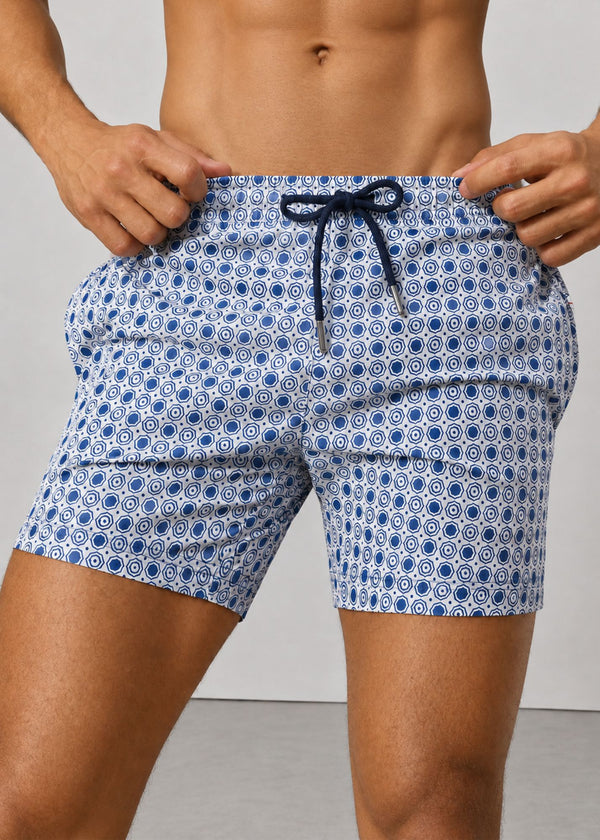 Mid Length Octagon White Teal Print Swim Shorts with Adjustable Drawcord