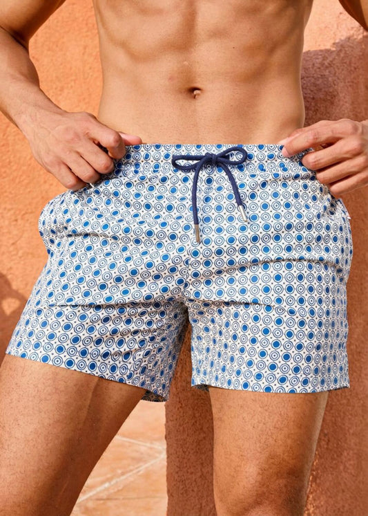 Mid Length Octagon White Teal Print Swim Shorts with Adjustable Drawcord
