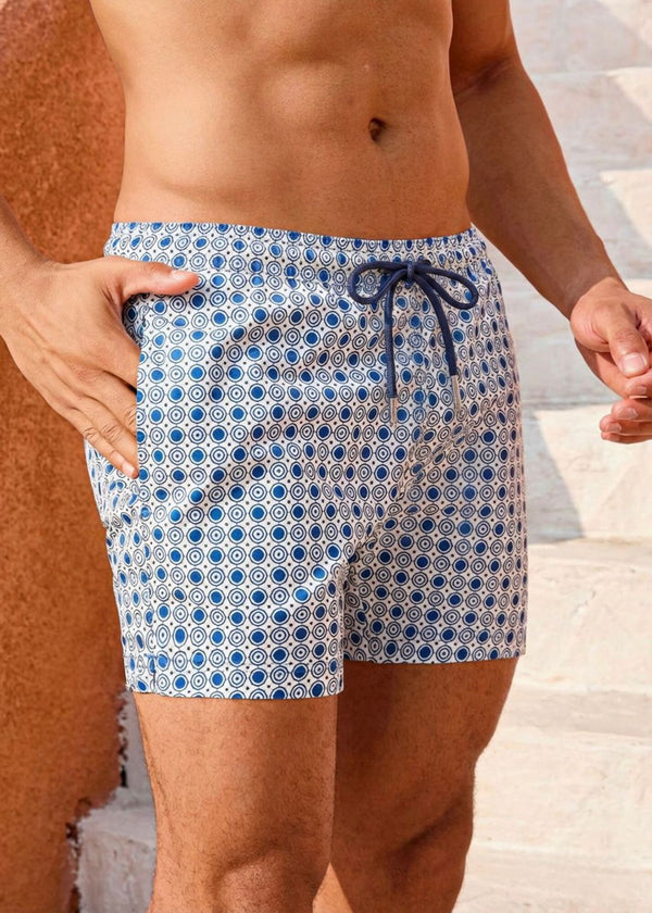 Mid Length Octagon White Teal Print Swim Shorts with Adjustable Drawcord