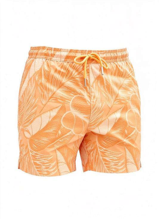 Mid Length Drawcord Swim Shorts in Orange Palm Print
