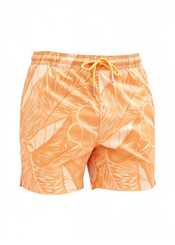 Mid Length Drawcord Swim Shorts in Orange Palm Print