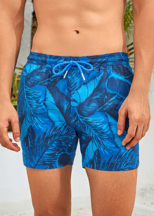 Mid Length Drawcord Swim Shorts in Blue Palm Print