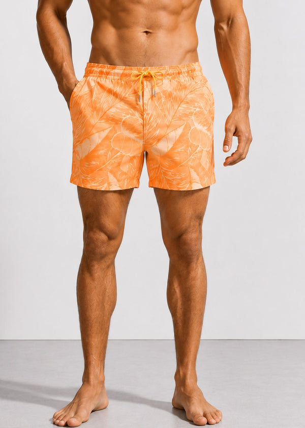 Mid Length Drawcord Swim Shorts in Orange Palm Print