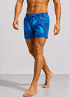 Mid Length Drawcord Swim Shorts in Blue Palm Print