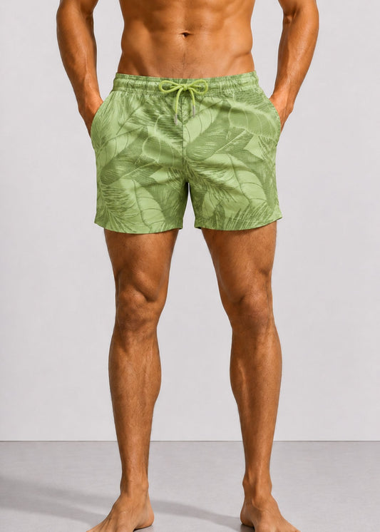 Mid Length Drawcord Swim Shorts in Green Palm Print