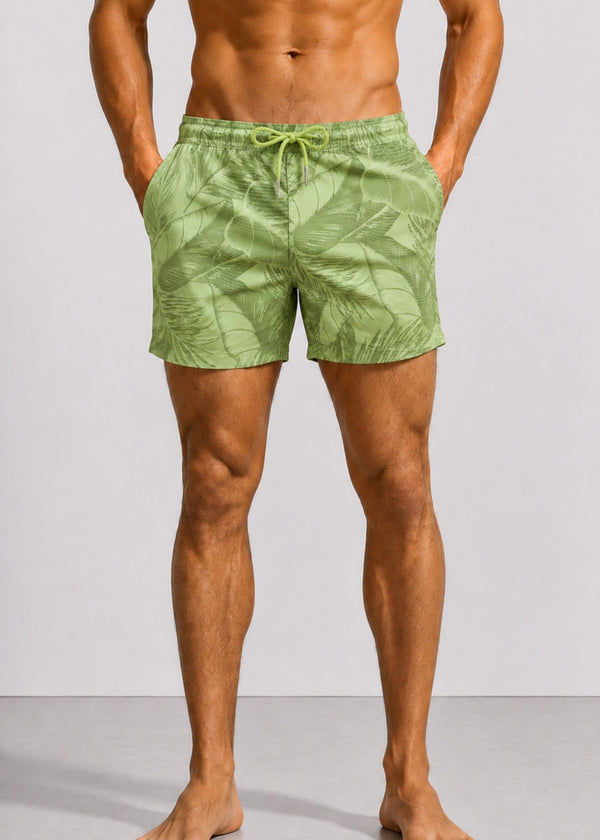 Mid Length Drawcord Swim Shorts in Green Palm Print
