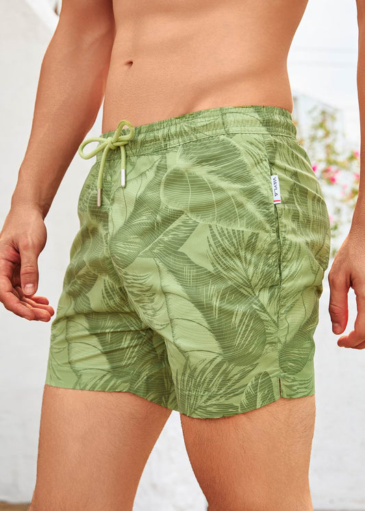 Mid Length Drawcord Swim Shorts in Green Palm Print