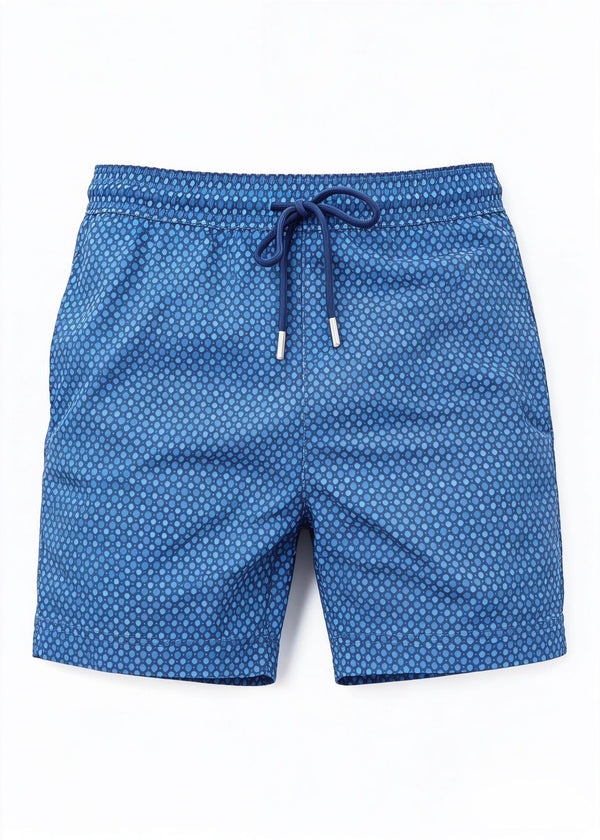 Mid Length Navy Polka Dot Swim Shorts with Drawcord
