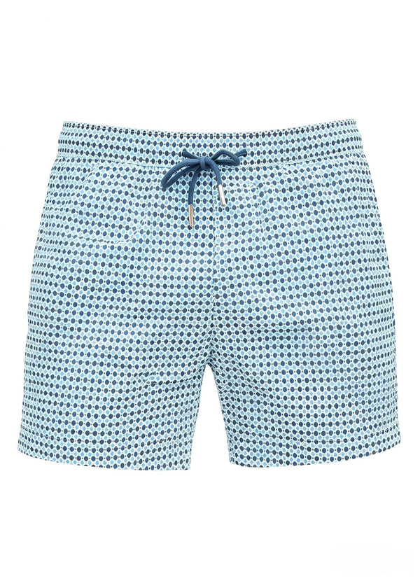 Mid Length White Teal Polka Dot Swim Shorts with Drawcord
