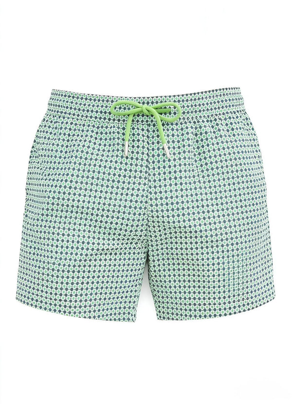 Mid Length White Green Polka Dot Swim Shorts with Drawcord