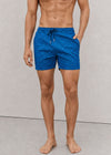 Mid Length Navy Polka Dot Swim Shorts with Drawcord