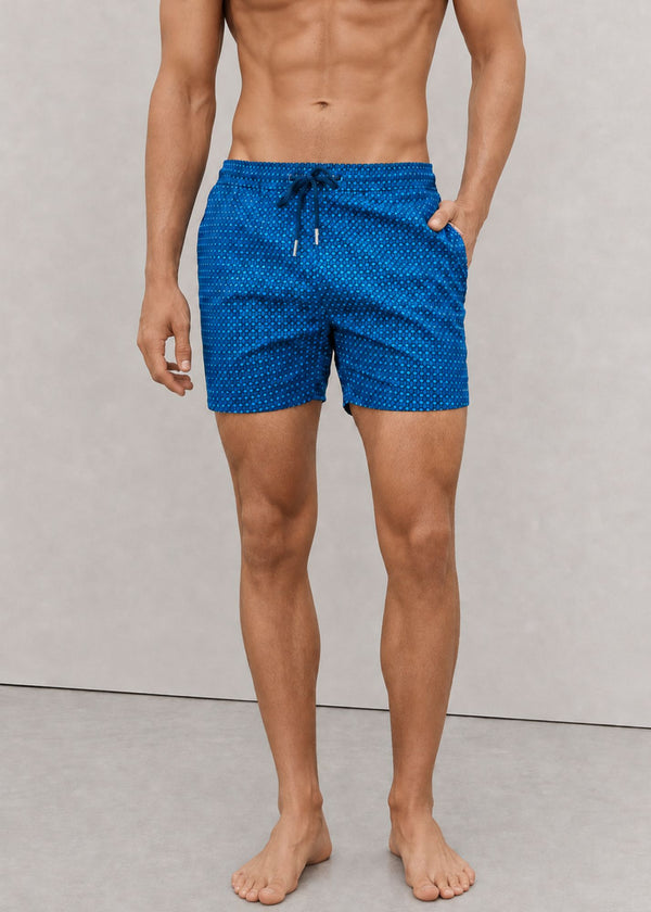 Mid Length Navy Polka Dot Swim Shorts with Drawcord