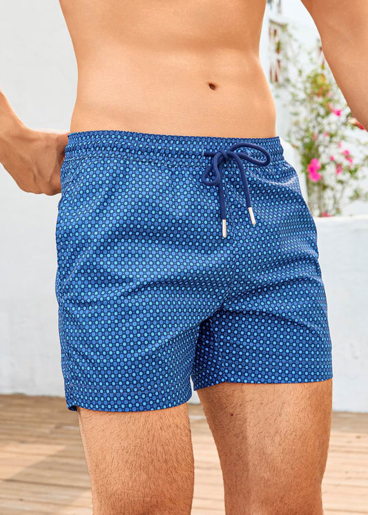 Mid Length Navy Polka Dot Swim Shorts with Drawcord