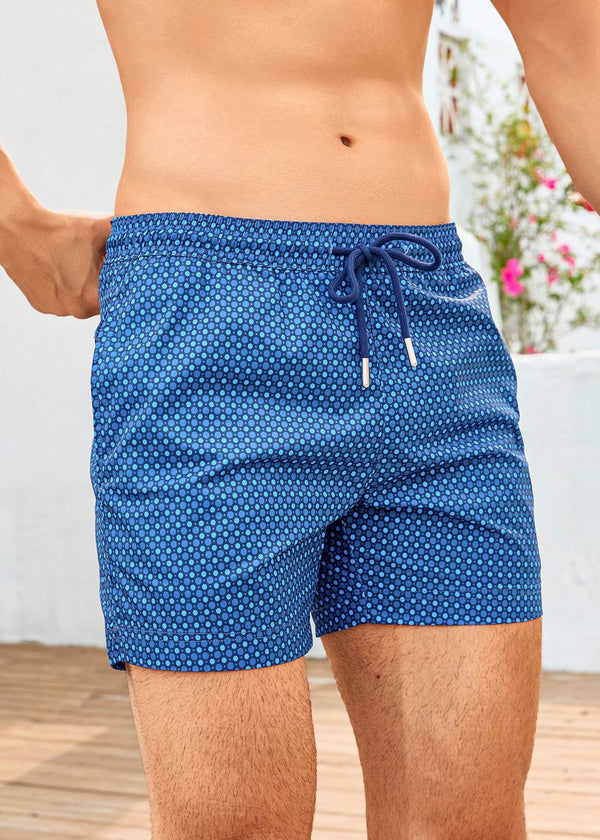 Mid Length Navy Polka Dot Swim Shorts with Drawcord