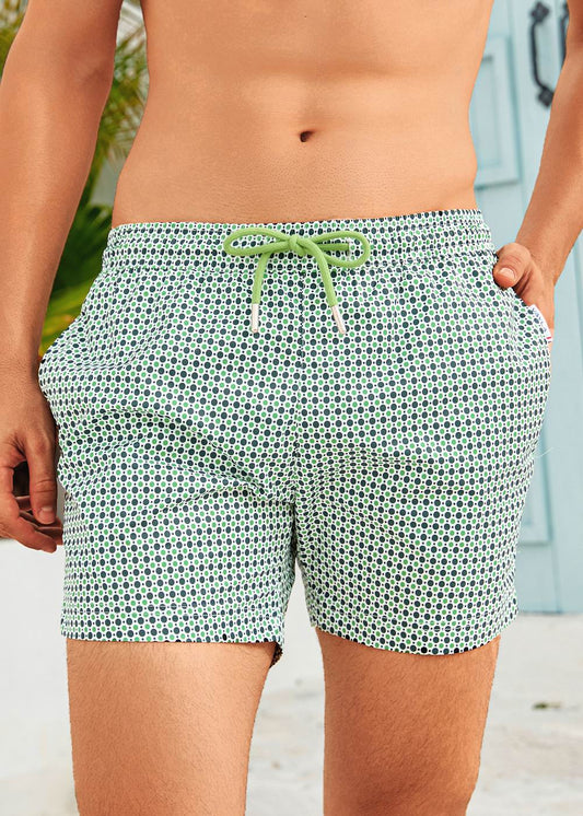 Mid Length White Green Polka Dot Swim Shorts with Drawcord