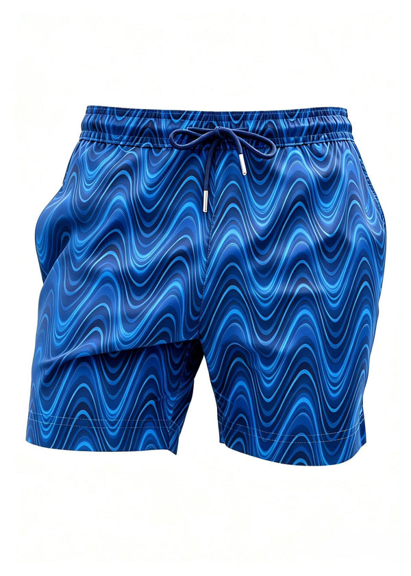 Mid Length Navy Blue Wave Print Swim Shorts