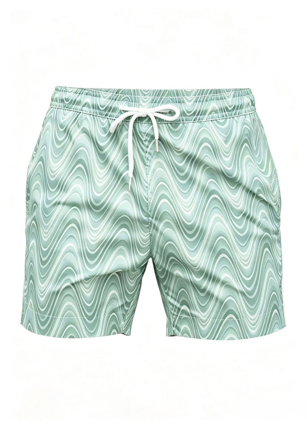 Mid Length Light Green Wave Print Swim Shorts