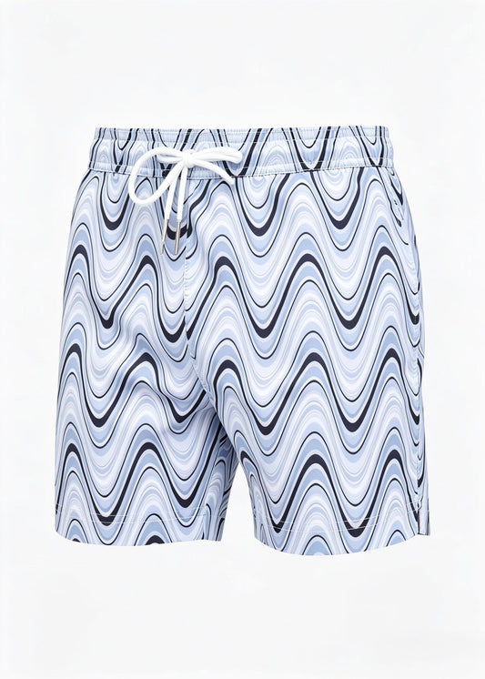 Mid Length Light Blue Wave Print Swim Shorts