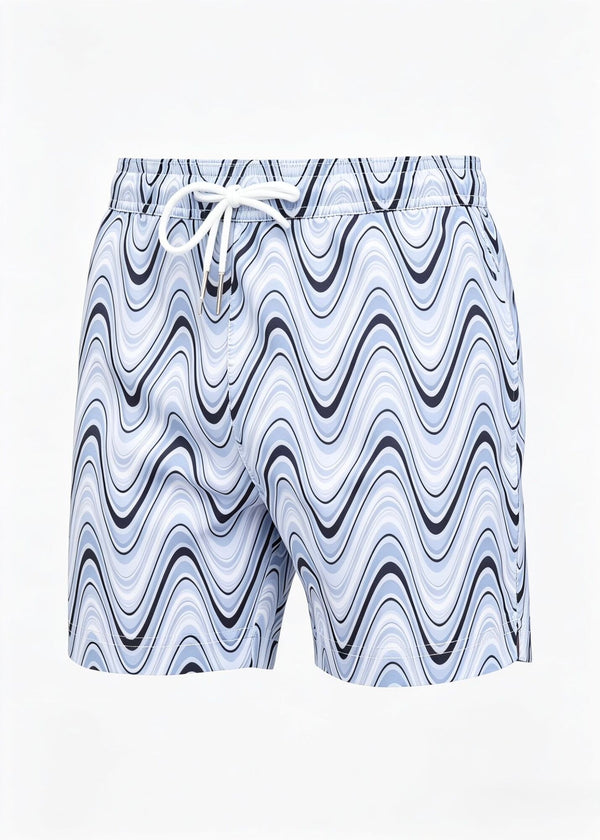 Mid Length Light Blue Wave Print Swim Shorts
