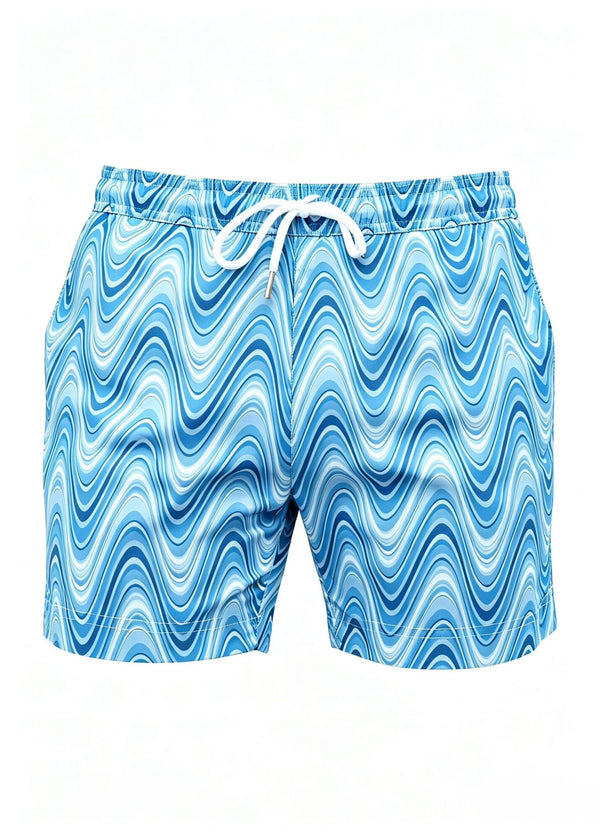 Mid Length Light Teal Wave Print Swim Shorts