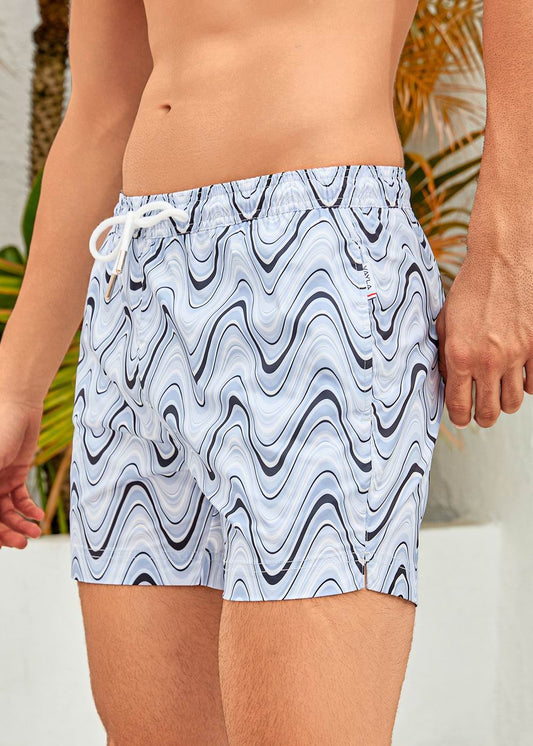 Mid Length Light Blue Wave Print Swim Shorts