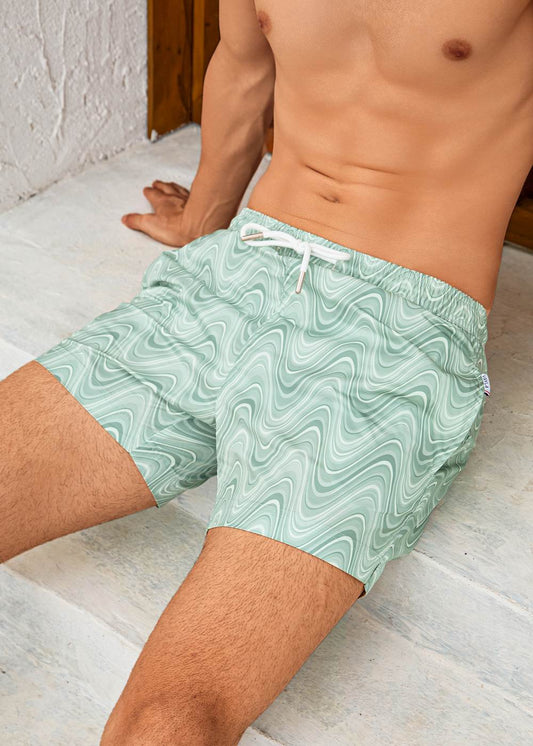 Mid Length Light Green Wave Print Swim Shorts