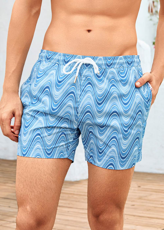 Mid Length Light Teal Wave Print Swim Shorts